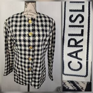VTG Carlisle Blazer SZ 8 Houndstooth Tweed Jacket 100% Silk White Black Preppy